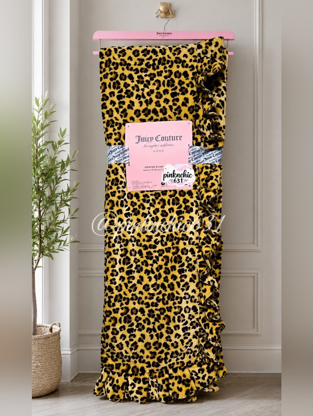 Juicy Couture Leopard Cheetah Print Ruffled Edge Plush Throw Blanket